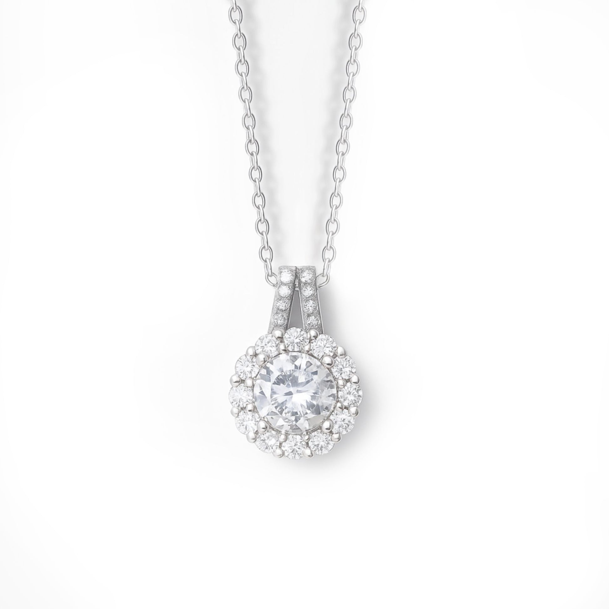 Solitaire Halo 925 Sterling Silver Pendant Necklace
