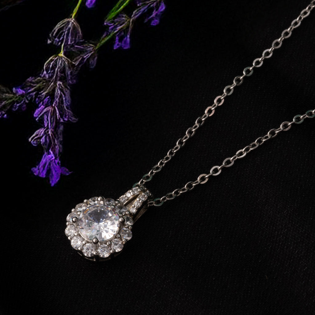 Solitaire Halo 925 Sterling Silver Pendant Necklace