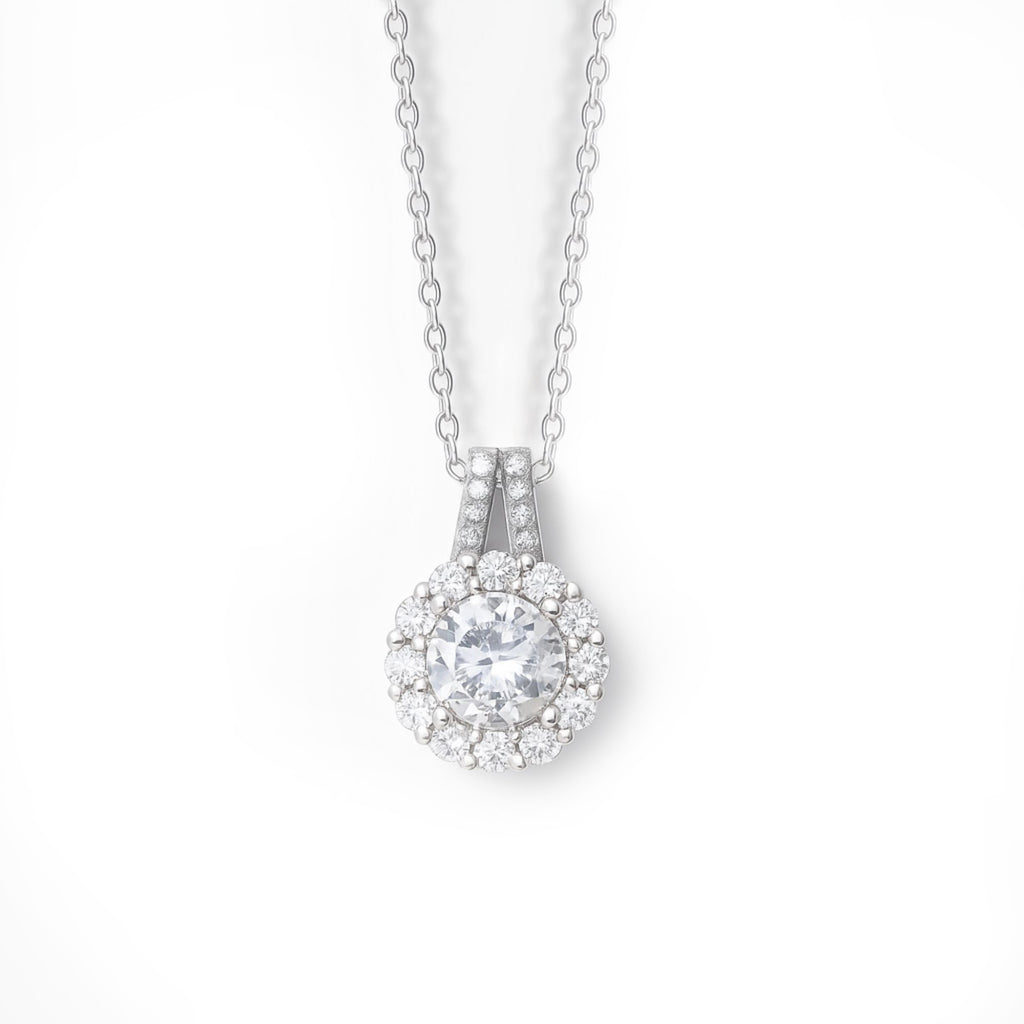 Solitaire Halo 925 Sterling Silver Pendant Necklace