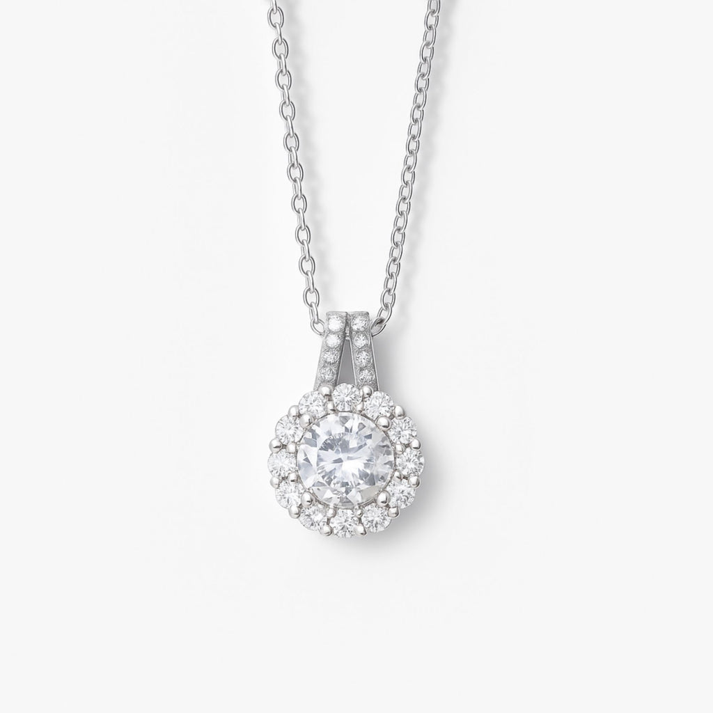 Solitaire Halo 925 Sterling Silver Pendant Necklace
